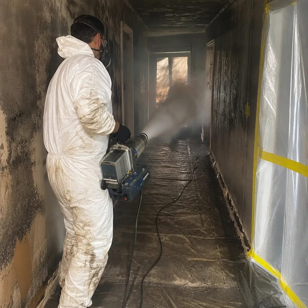 Professional fire and smoke damage restoration technician using a fogging machine.