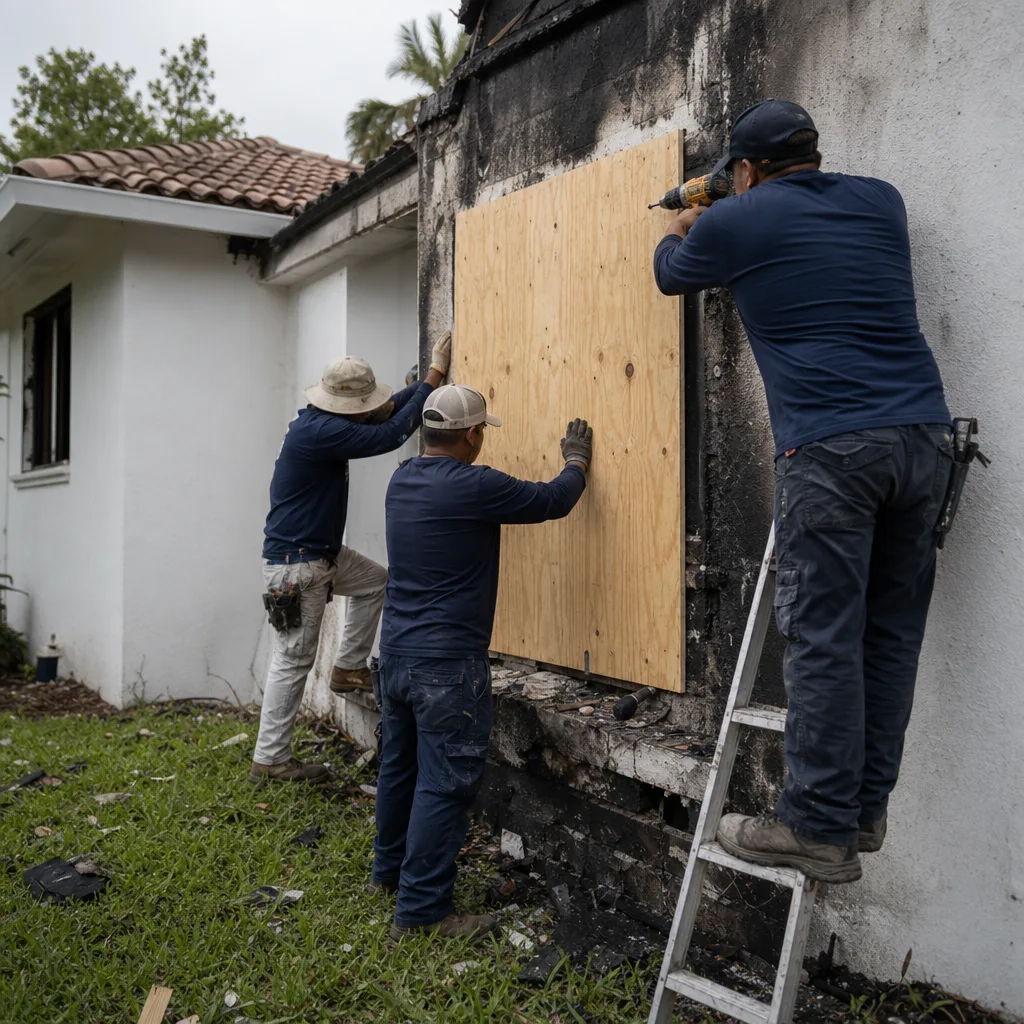 Professional technicians boarding up a fire damaged wall for property restoration.