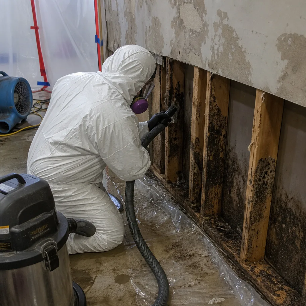 Professional in protective suit performing mold remediation on interior wall studs