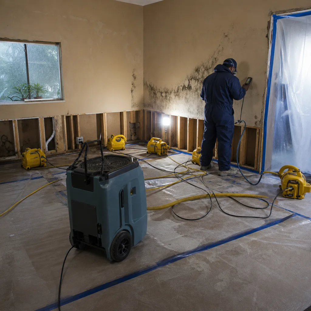Technician using moisture meter during professional water damage restoration process